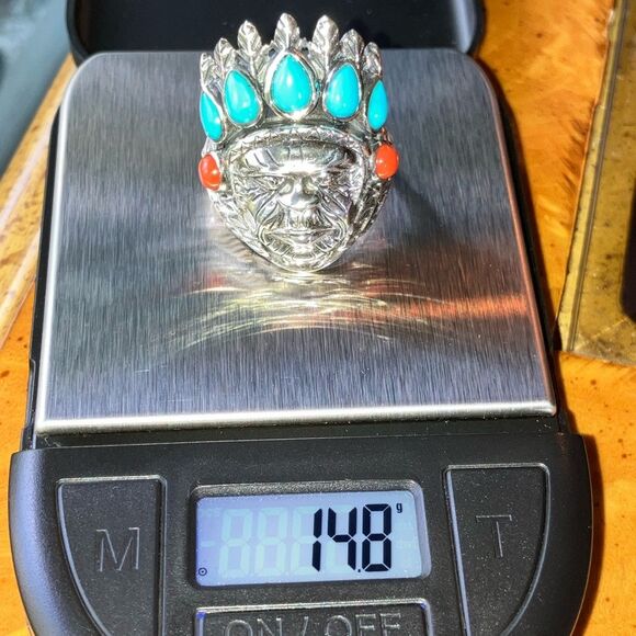 Artisan Crafted Turquoise Indian Chief Ring Size 10 - Picture 9 of 9